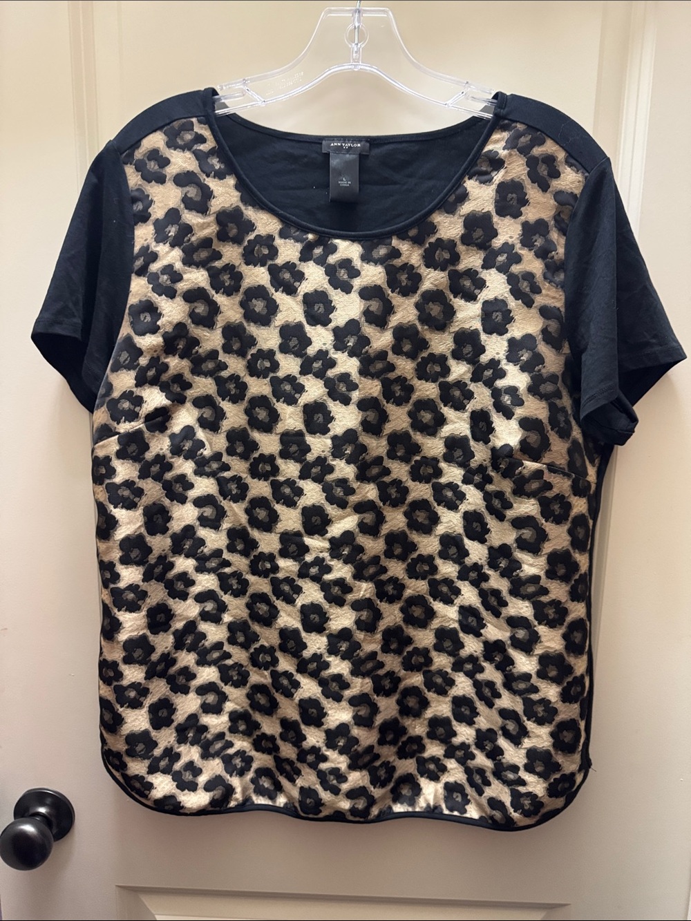 Ann Taylor Black and Gold Floral Front Short Sleeve Top